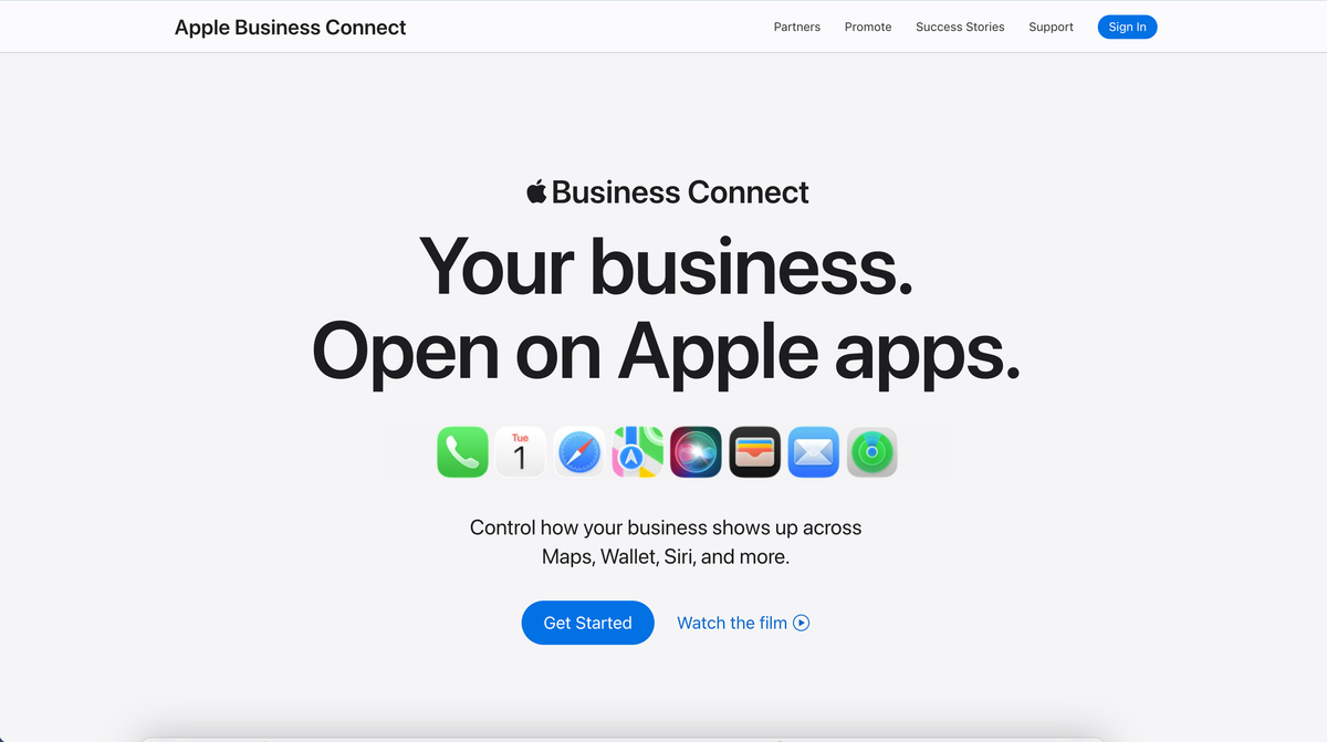 Apple Business Connect main page for claiming and managing business listings on Apple Maps