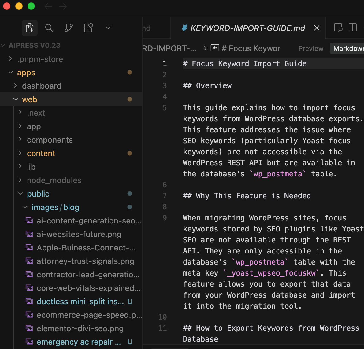 Cursor IDE interface showing AiPress project structure and WordPress keyword import guide for SEO migration workflow