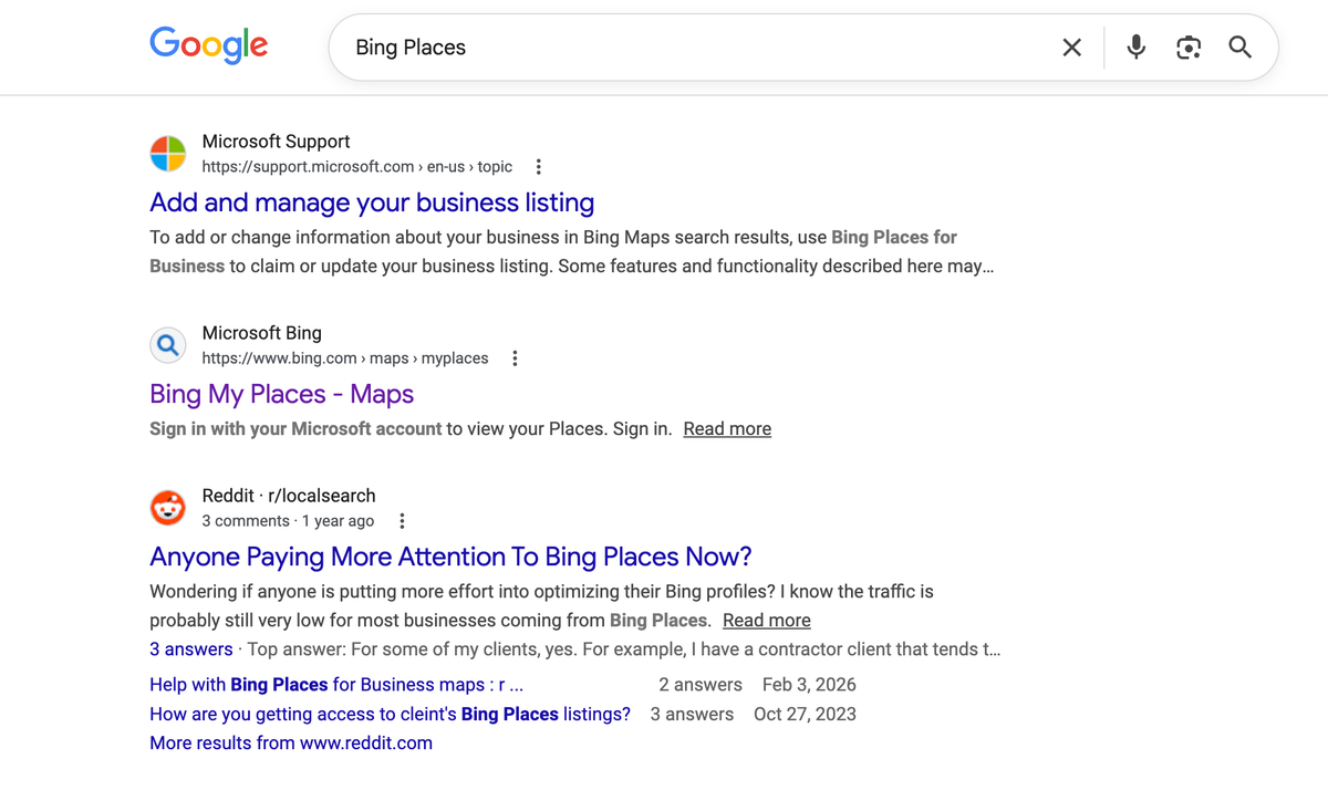Google search results showing Bing Places for Business listing alongside local pack results