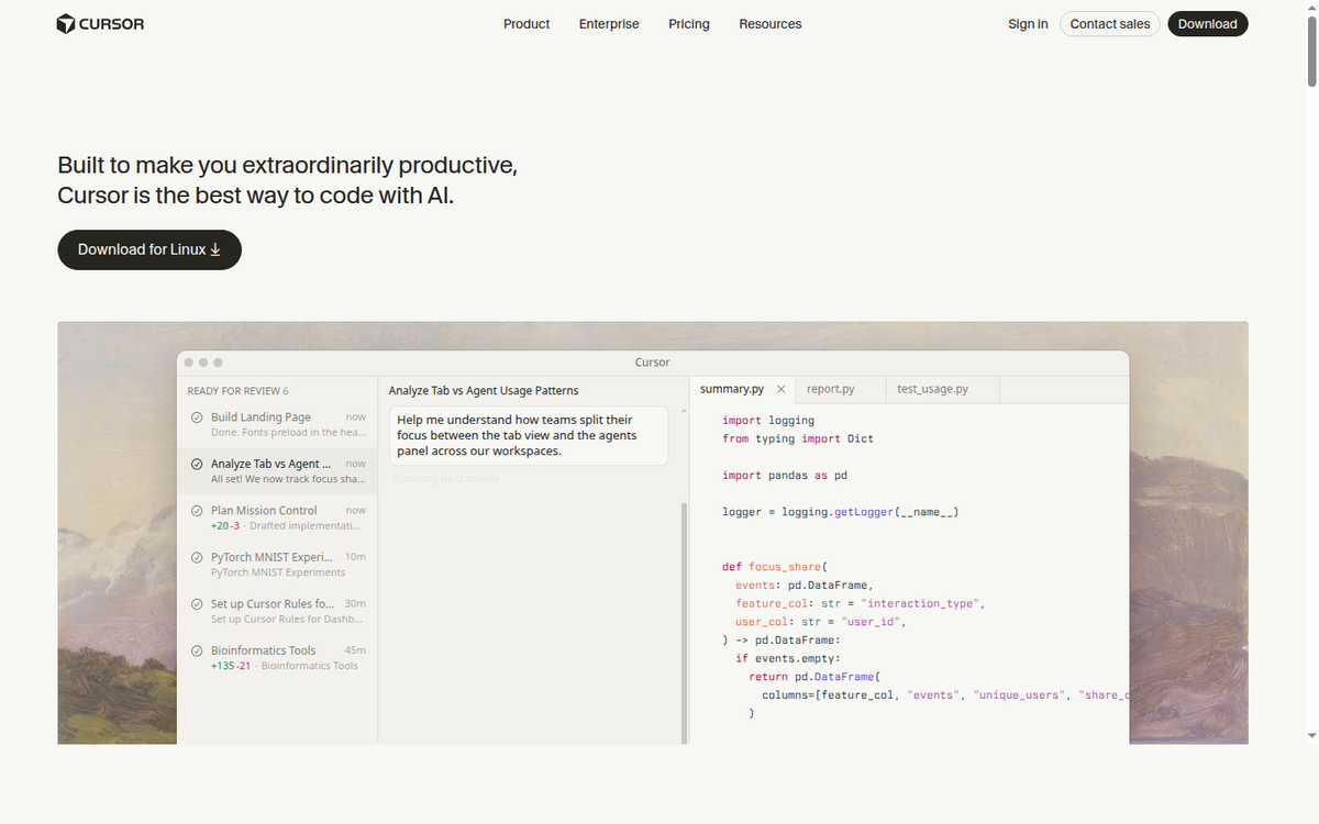 Cursor homepage: AI code editor for professional development