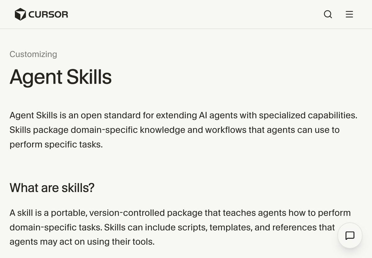 Cursor documentation: Agent Skills definition