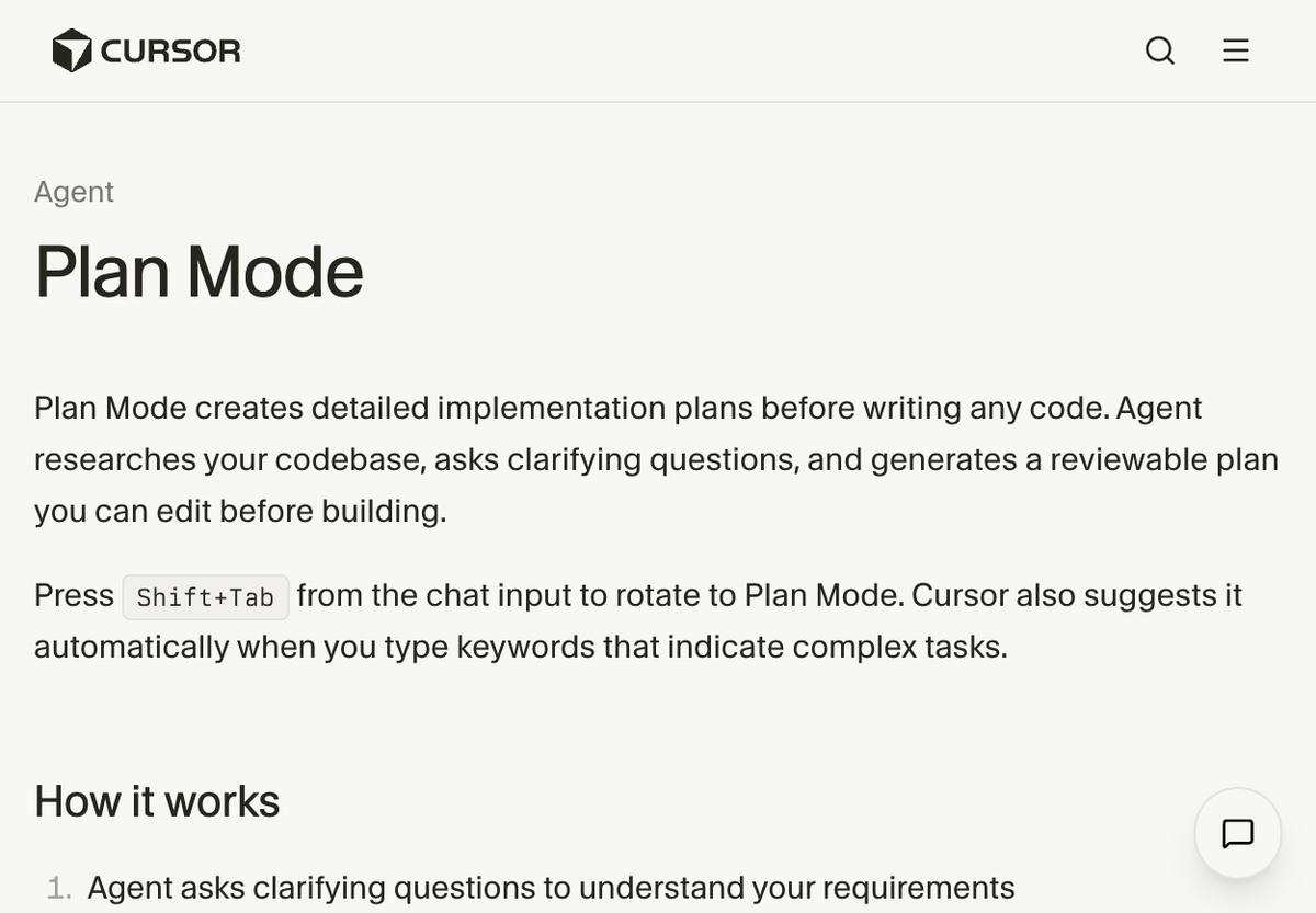Cursor documentation: Plan Mode explains plan-first workflows