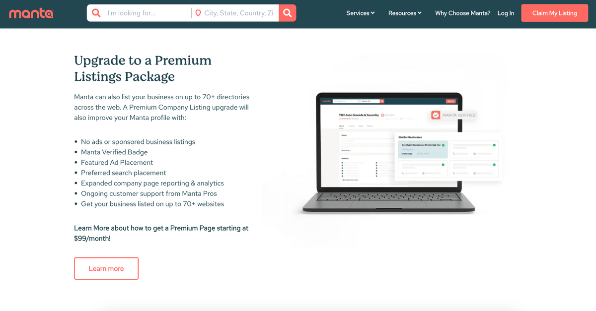 Manta business directory listing page with service categories and local business profiles