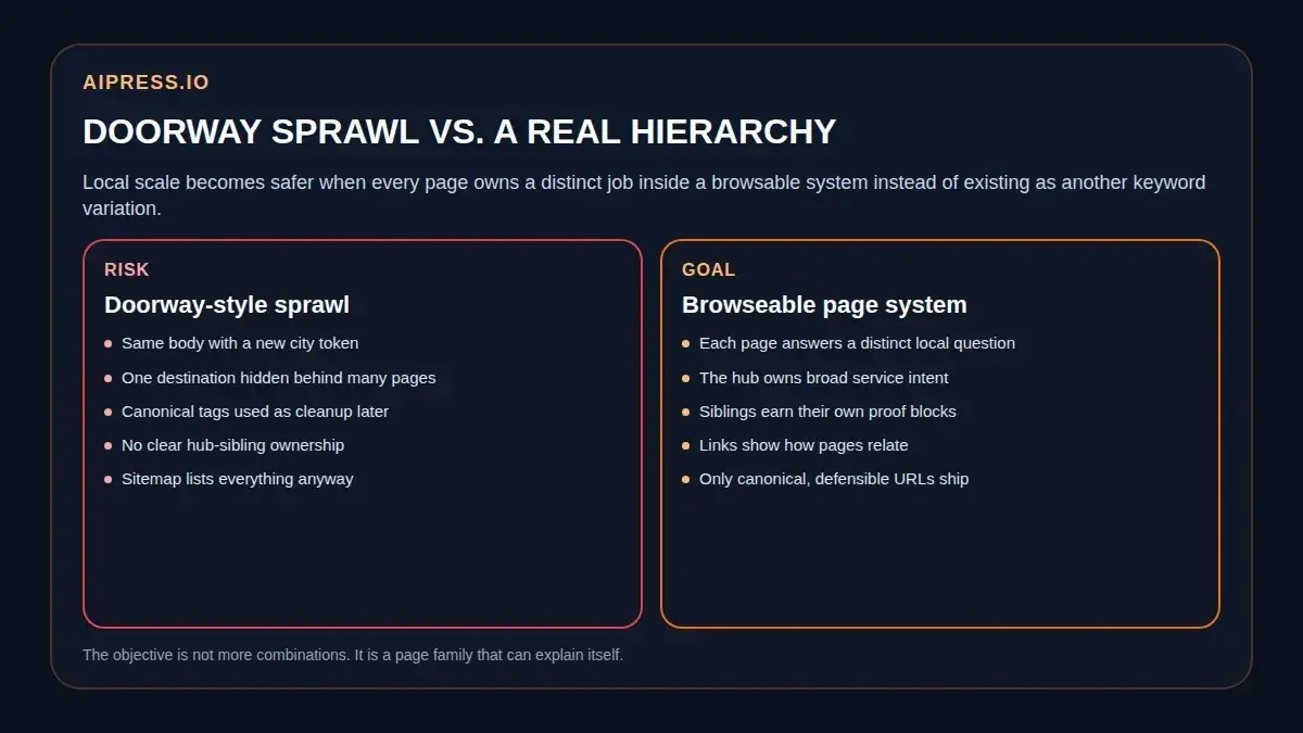 Diagram comparing doorway-style service-area sprawl with a defined browseable hierarchy