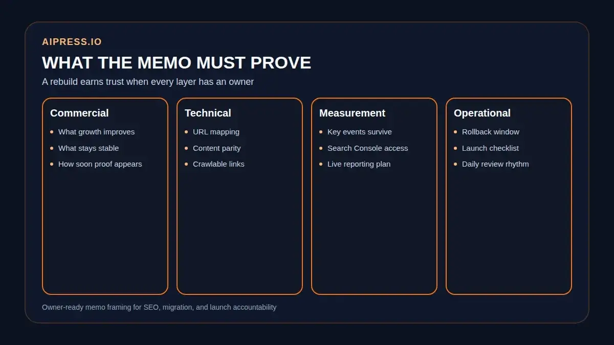Diagram showing the four proof layers in a rebuild approval memo: commercial, technical, measurement, and operational