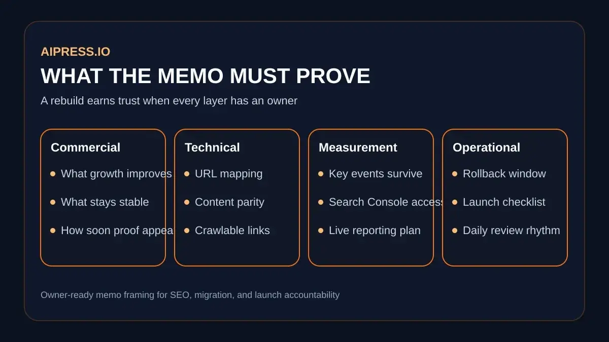 Diagram showing the four proof layers in a rebuild approval memo: commercial, technical, measurement, and operational