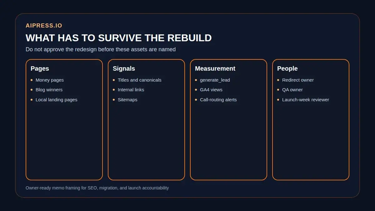 Diagram showing the assets that must survive a rebuild: pages, search signals, measurement, and people