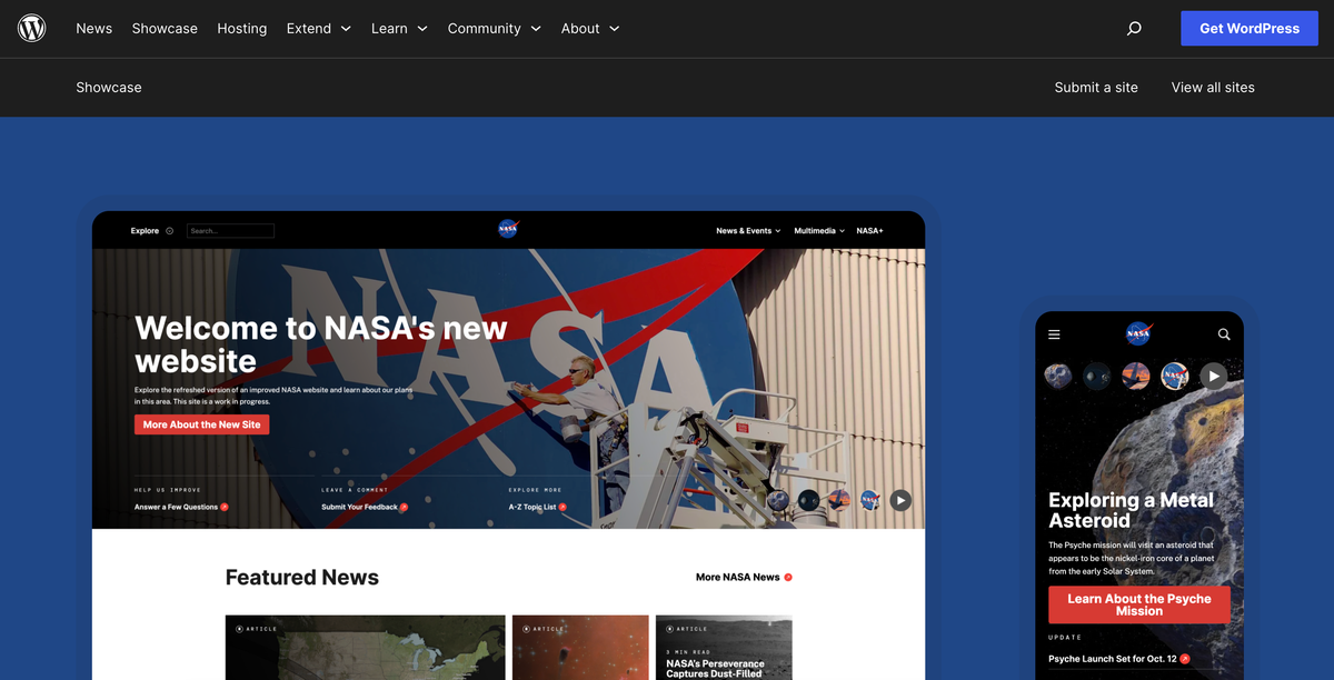 Screenshot of NASA website demonstrating responsive WordPress design with desktop and mobile views, illustrating content-rich CMS architecture