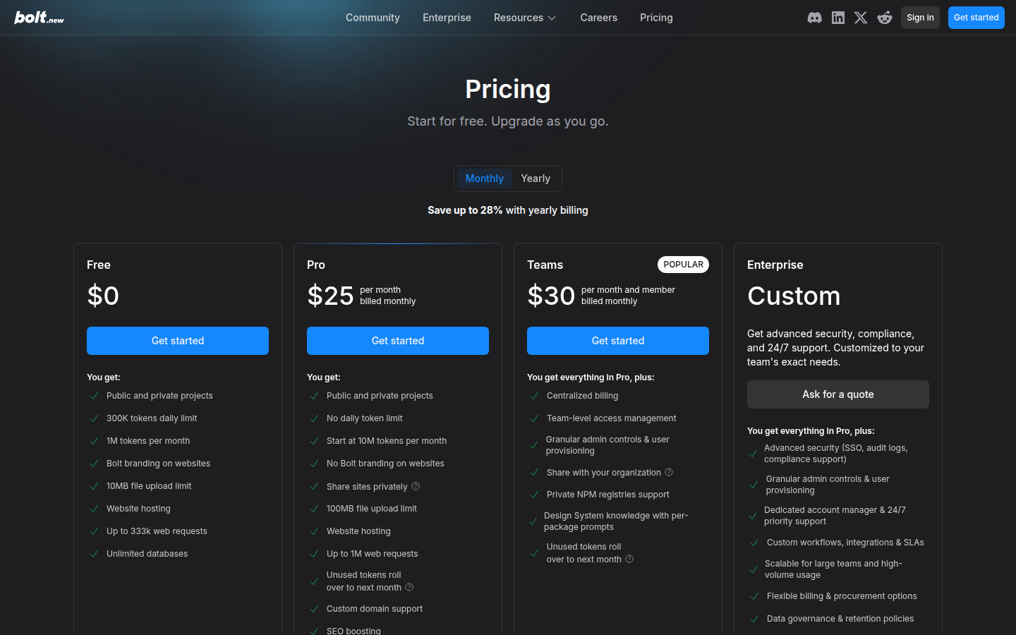Bolt.new plans and pricing page with subscription and token details