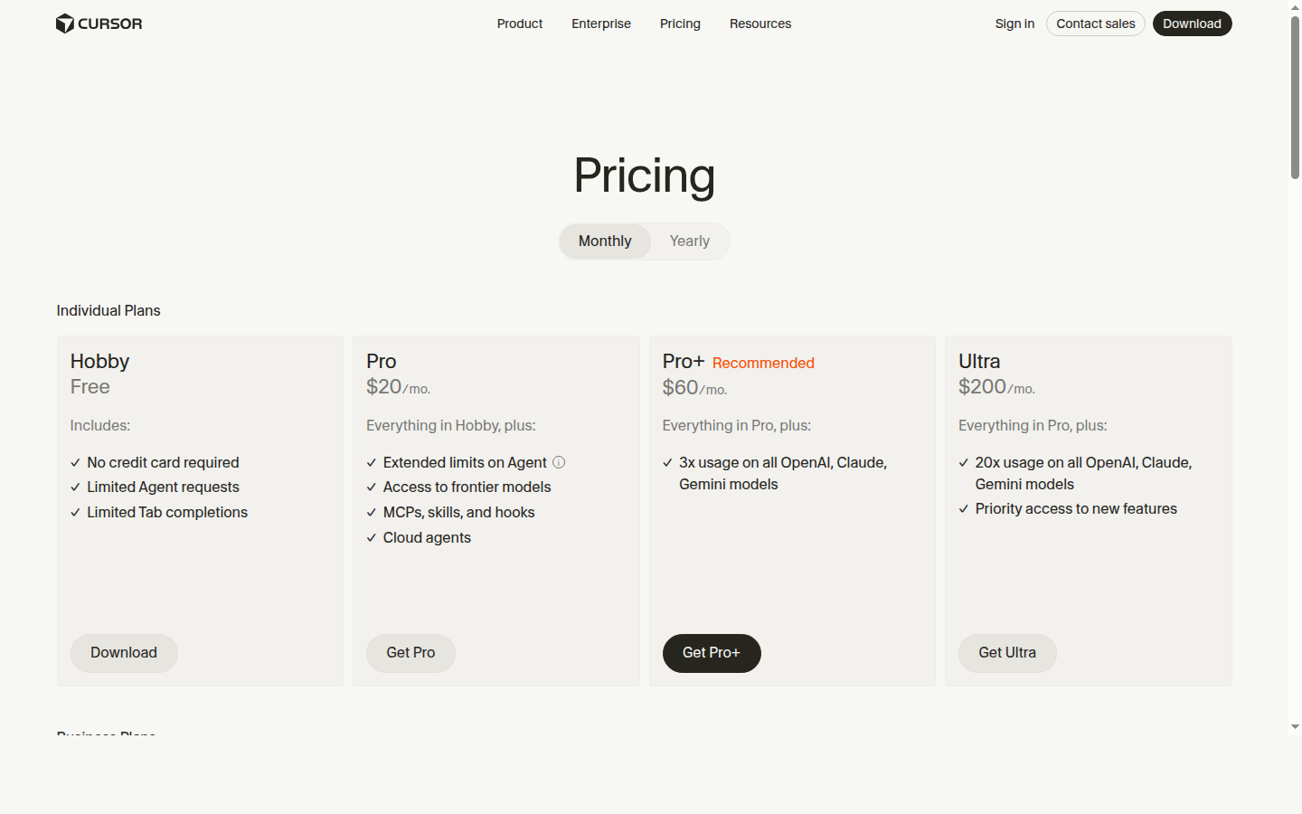 Cursor pricing page with individual and team plans