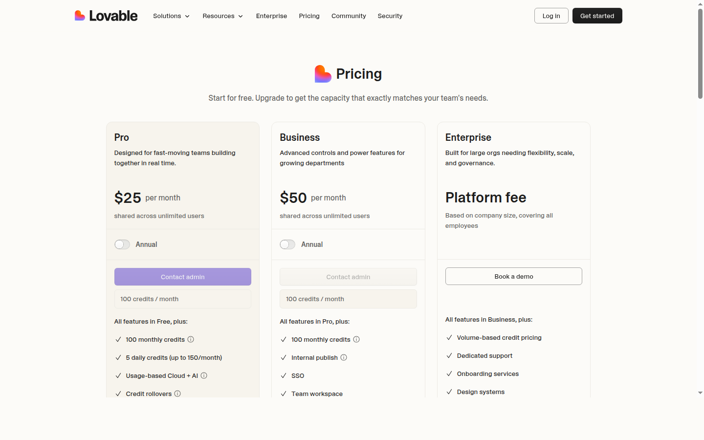 Lovable pricing page with plan tiers for individuals and teams