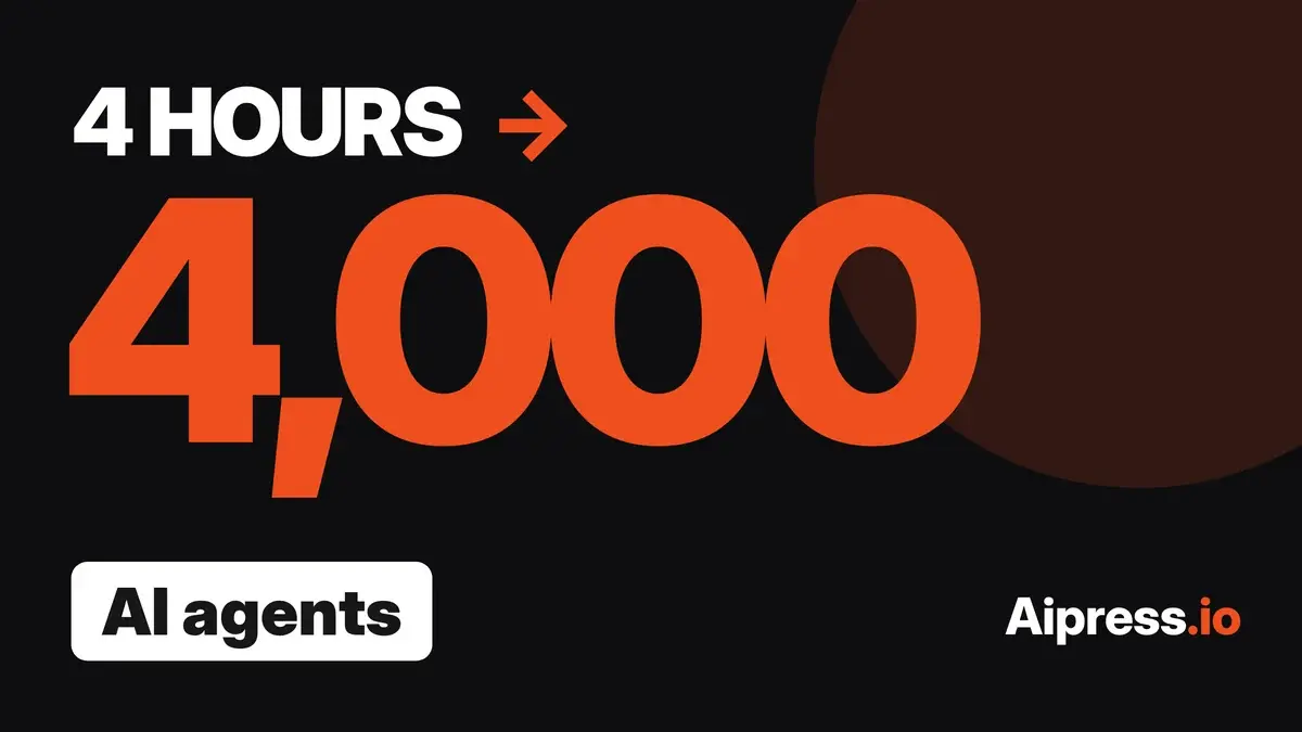 Aipress.io graphic: “4 HOURS” with an orange arrow pointing to a large orange “4,000”, above a white “AI agents” label