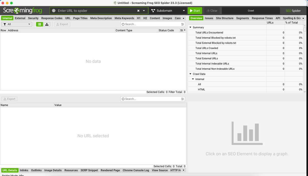 Screaming Frog SEO Spider crawl results showing orphan pages and internal link structure audit