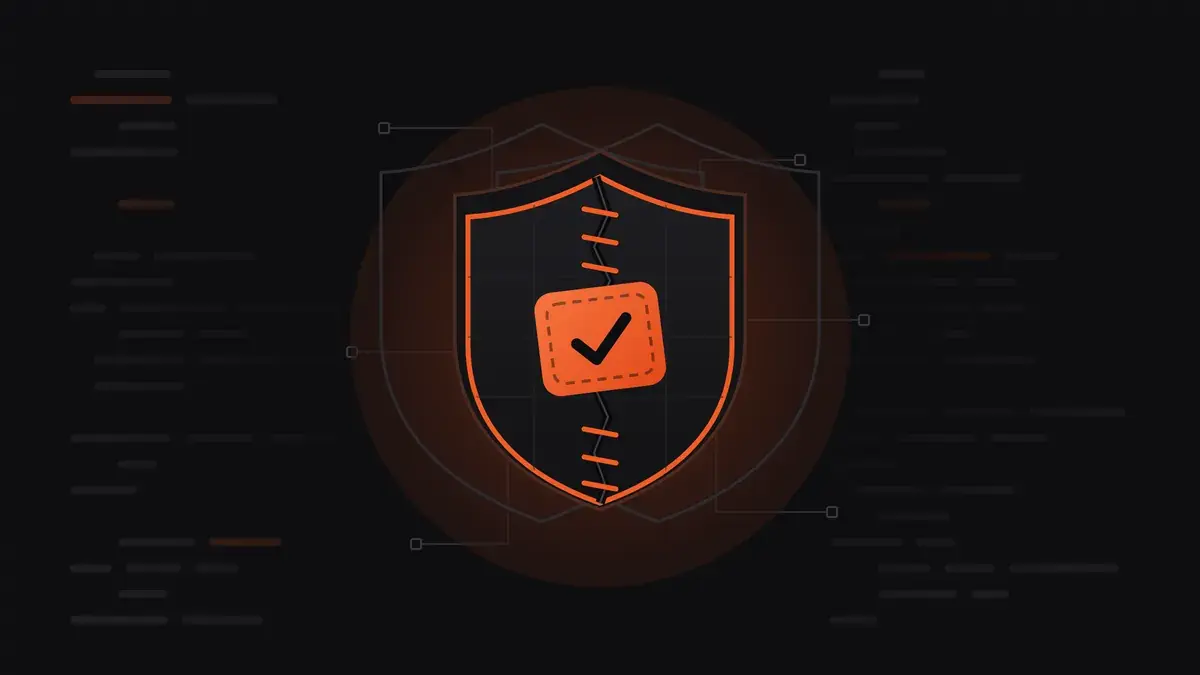 Dark shield outlined in orange, its jagged center seam stitched shut by an orange checkmark patch, over a faint code grid