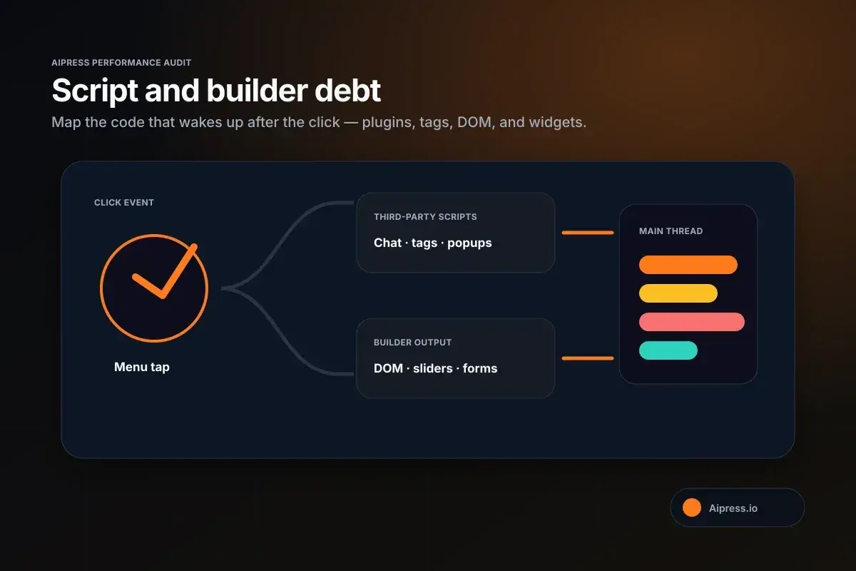 Aipress diagram mapping WordPress click events to third-party scripts, builder output, and main-thread work