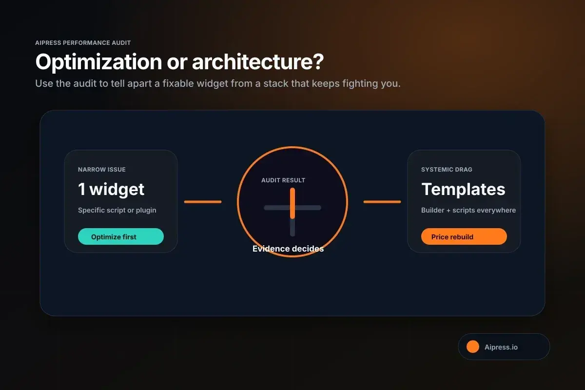 Aipress decision diagram comparing a narrow WordPress widget fix with a systemic architecture problem